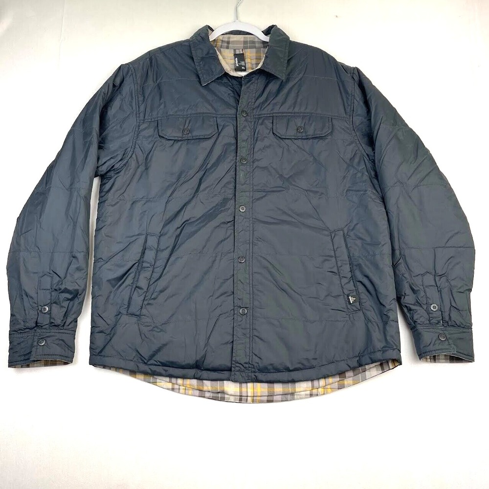 prAna Jacket Mens Size XL Rhody Reversible Black Multi Plaid Snap Button Outdoor